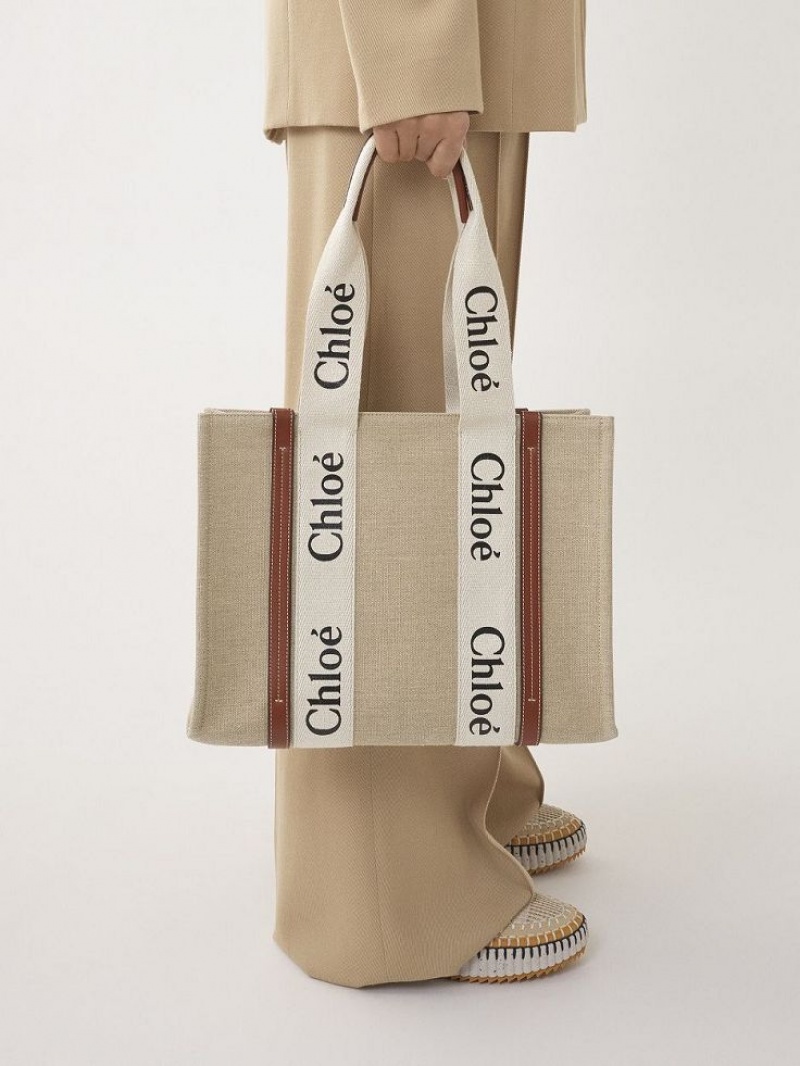 Sacs Fourre Tout Chloe Medium Woody Blanche Marron | CHE-SR13397